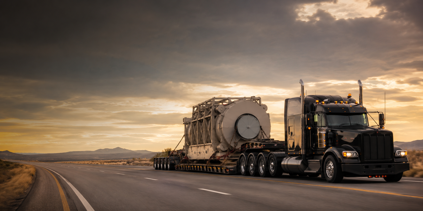 Specialized lowboy trailer transporting oversized industrial equipment